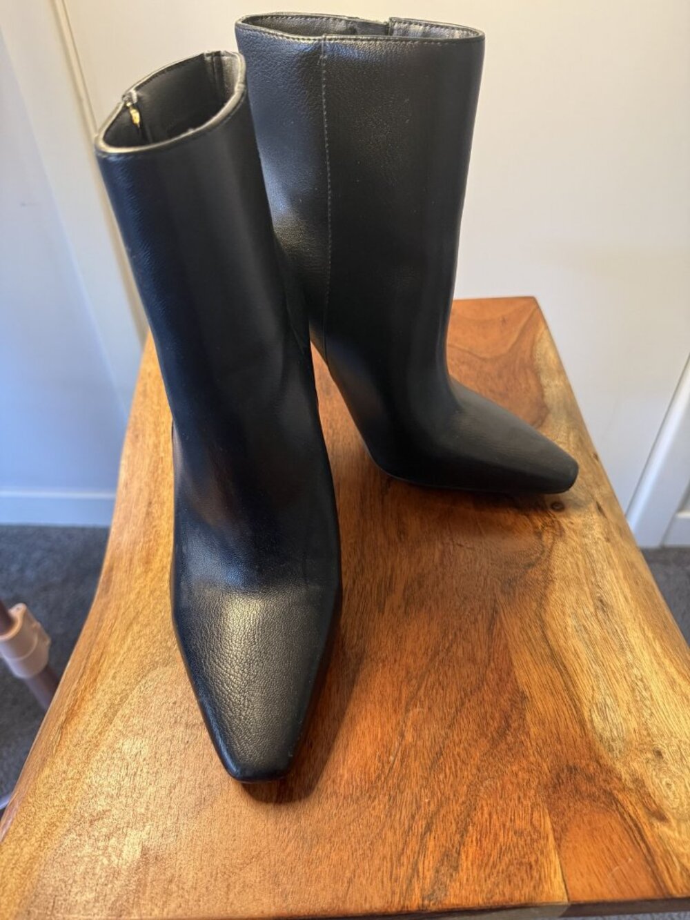 Black Leather Stiletto Ankle Booties Gold Zip
